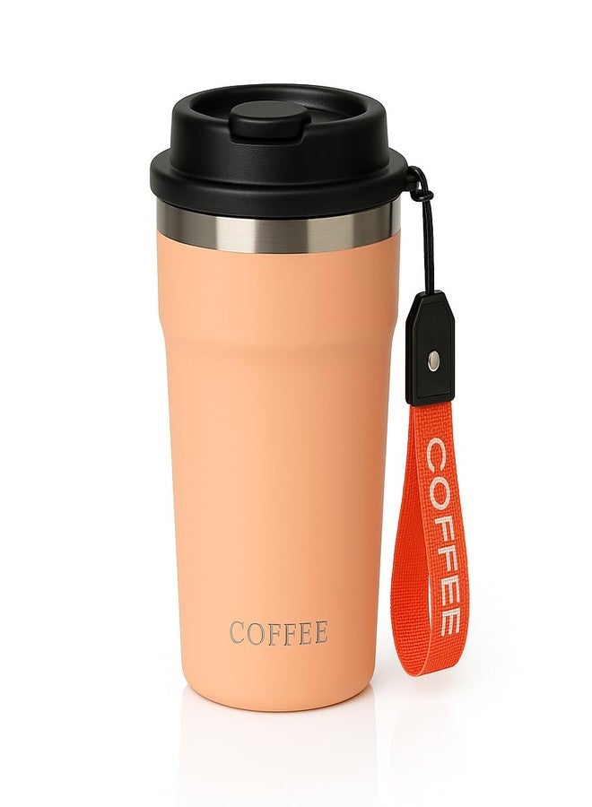 KitchEase Reusable Stainless Steel Tumbler 400ml | Portable Coffee Mug with Strap | Double Wall Leakproof Travel Cup for Office, Gym, and Outdoor Use (Peach) - Image 1